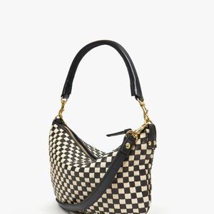 Clare V Petite Moyen Black and Cream Checkered Woven Shoulder Bag